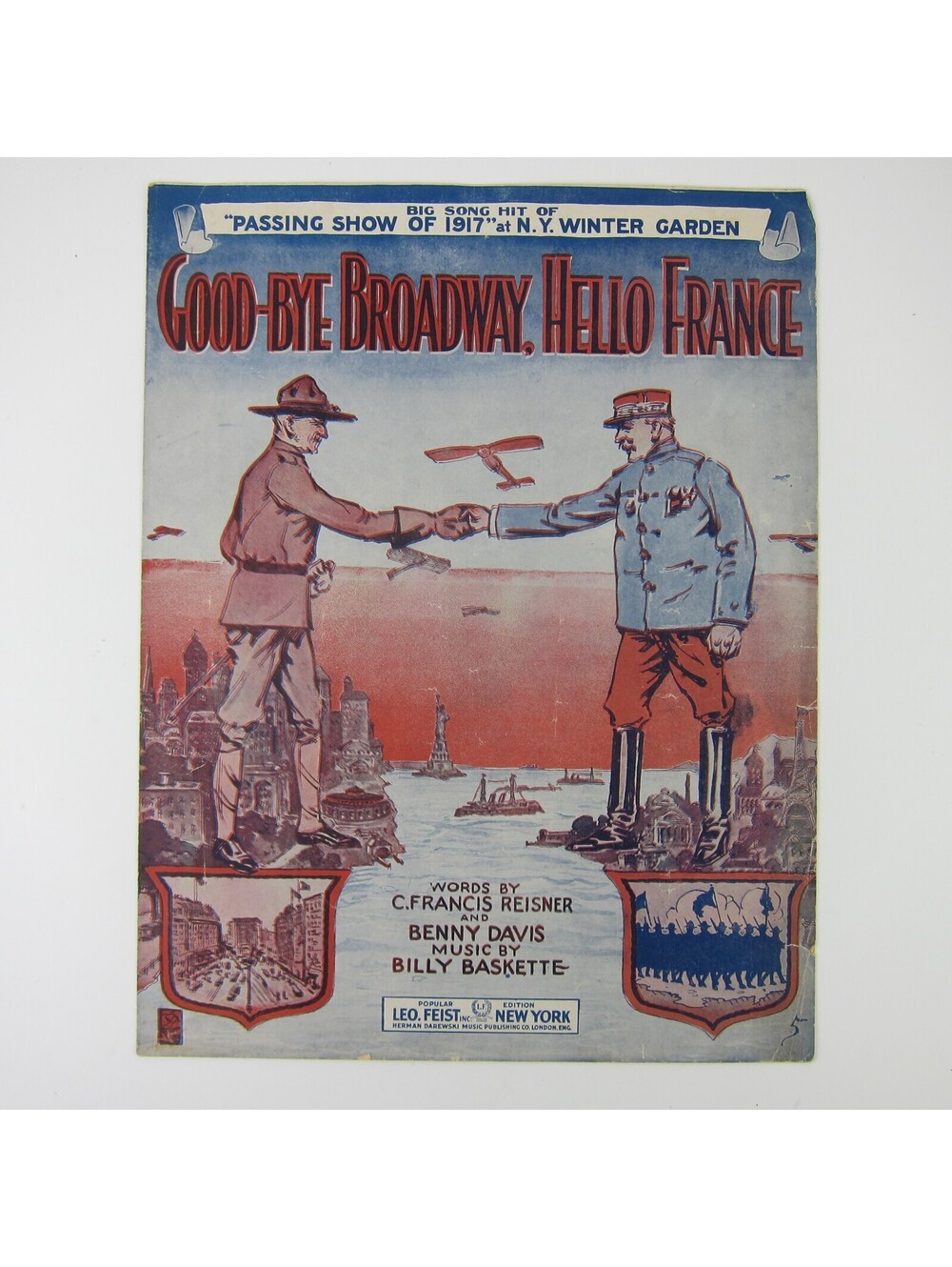 Sheet Music Good-Bye Broadway, Hello France WWI Patriotic Soldiers Antique 1917